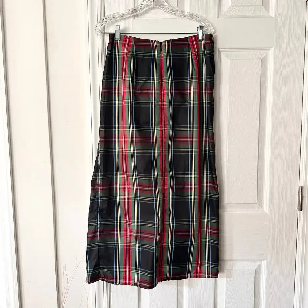 J. Crew Collection NWOT Stewart Black Red Green Tartan Long Ruffle Skirt 6 BD527